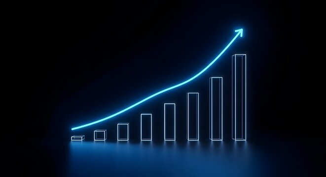 Neon Growth Chart with Upward Arrow on Dark Background, Glowing Bar Graph, Financial Success Analytics Technology Concept