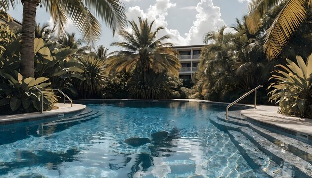 Tropical Resort Infinity Pool Surrounded By Lush Greenery High Resolution Photo