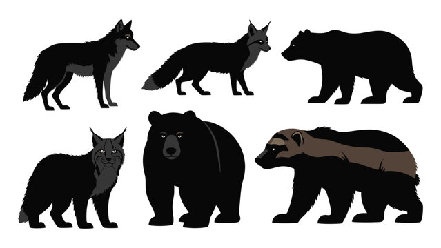 Mammal black wolf fox bear lynx wolverine silhouette set vector icons ai svg eps printable