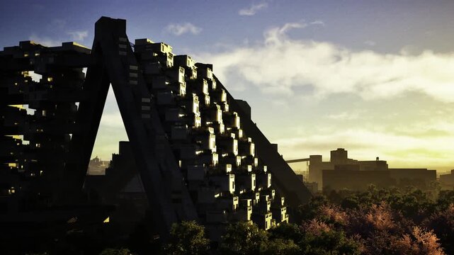 Sunset overgrown concrete terraces with warm backlight and encroaching greenery, gardener imagining rooftop cultivation and communal reuse, mood of hopeful