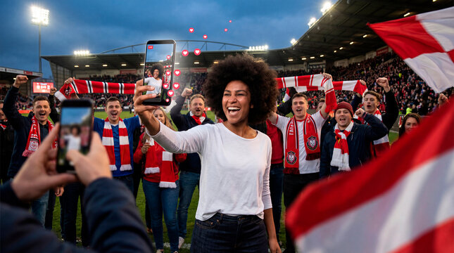 Excited fan streaming live selfie during stadium celebration