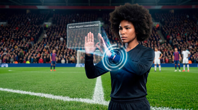 Serious referee confirming VAR decision with wearable technology