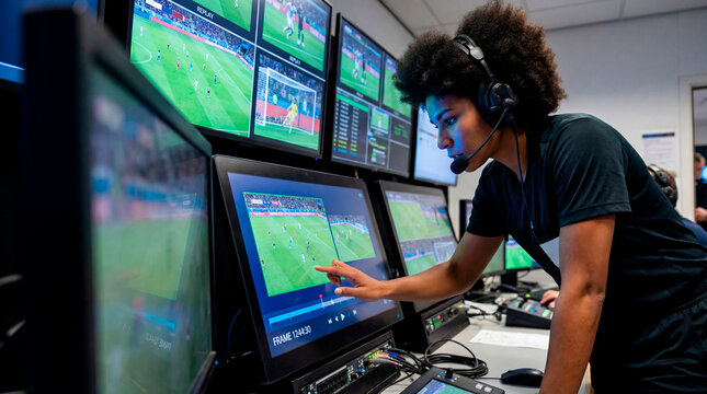 Focused video referee analyzing soccer match replay screens