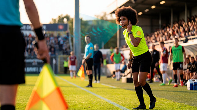 Professional referee coordinating match communication with headset