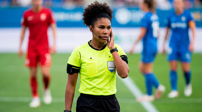 Determined referee listening to VAR communication during match