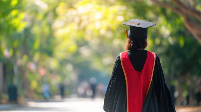 Back view of single graduate walking forward on campus path, blurred background, natural light, strong depth, concept of future path and independence
