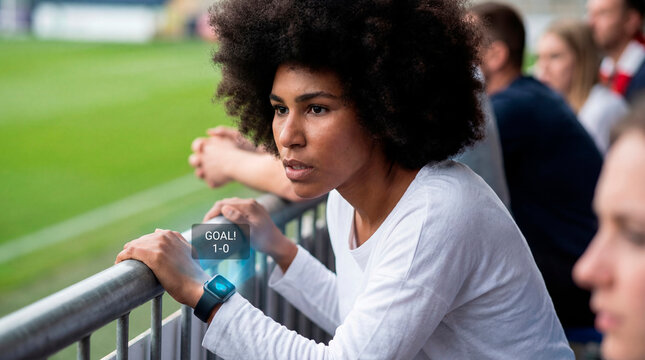 Focused fan receiving goal alert on smartwatch at stadium