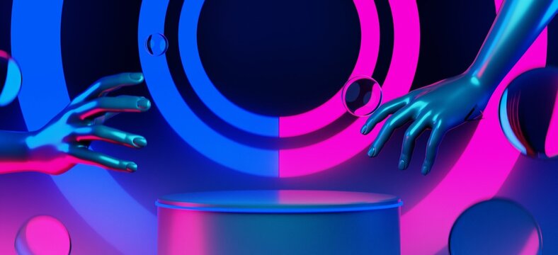 3d illustration rendering of y2k 2000s hand arm gaming technology futuristic fantasy metaverse cyberpunk sci-fi display podium pedestal stage room abstract background in neon-glow