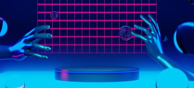 3d illustration rendering of y2k 2000s hand arm gaming technology futuristic fantasy metaverse cyberpunk sci-fi display podium pedestal stage room abstract background in neon-glow