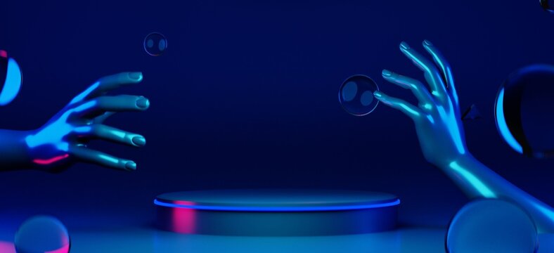 3d illustration rendering of y2k 2000s hand arm gaming technology futuristic fantasy metaverse cyberpunk sci-fi display podium pedestal stage room abstract background in neon-glow