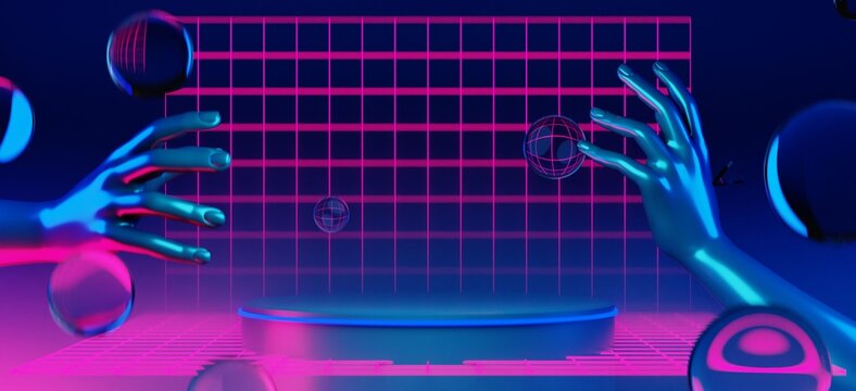3d illustration rendering of y2k 2000s hand arm gaming technology futuristic fantasy metaverse cyberpunk sci-fi display podium pedestal stage room abstract background in neon-glow