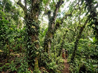 Fototapeta premium Explore the untamed beauty of the rainforest, where lush greenery thrives amidst ancient trees and an explorer path in distance. Experience the tranquility and the wonders of the natural world