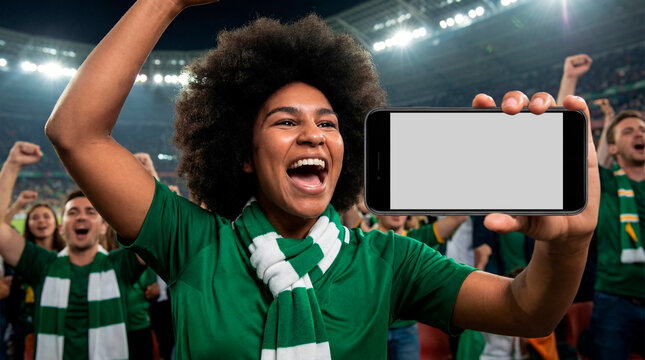 Cheerful fan recording celebration during soccer match