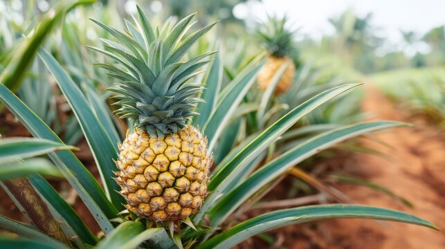 Close-up of young pineapple fruit growing in tropical agricultural field with lush green leaves