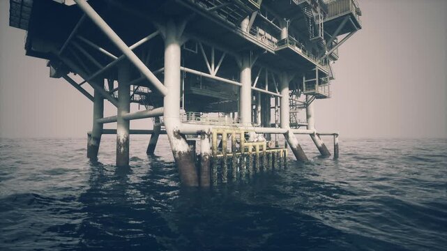 Lowcontrast silhouette of offshore rig at horizon, expansive sea and distant light, calm yet foreboding atmosphere with emphasis on scale and isolation, evokes