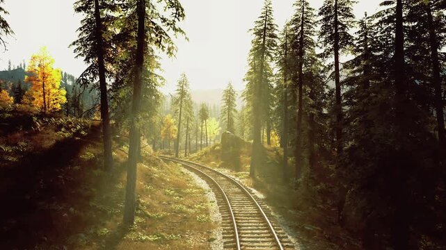 Rail curve framed by autumn alaskan trees, warm shafts of light and long perspective, evocative journey imagery, inviting offgrid exploration mood