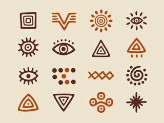 Collection of primitive tribal symbols and ancient eye motifs in earthy brown and orange tones