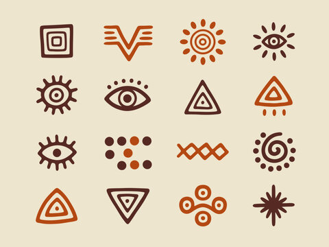 Collection of primitive tribal symbols and ancient eye motifs in earthy brown and orange tones