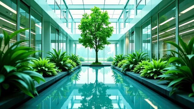 Modern indoor atrium with tree and water reflection