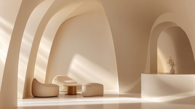 Luxury beige interior with sculptural walls and curved architecture, soft shadows, minimal furniture, warm light, high end aesthetic, large space