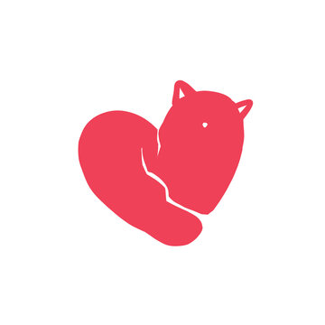 Cute red cat cursed into a heart shape sleeping peace fully. Simple flat cartoon style pet illustration with minimal shapes, perfect for stickers, kids design, nursery decor