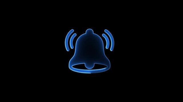 Glowing neon notification bell icon with sound waves on dark background modern alert symbol for app interface design