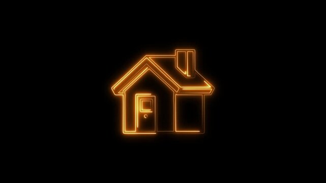 Glowing neon home icon with modern house outline on dark background futuristic UI symbol for app and web design