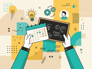 A person holding a calendar and blackboard with ideas and planning concept  business productivity organization creativity © Raseda