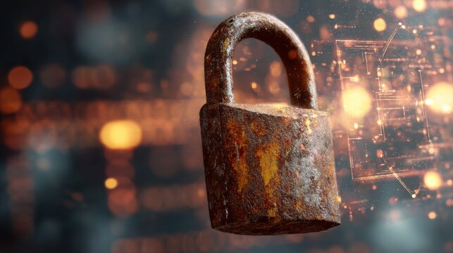 Old rusty padlock in foreground, blurred digital cybersecurity interface in background, glowing elements, concept of outdated security vs modern