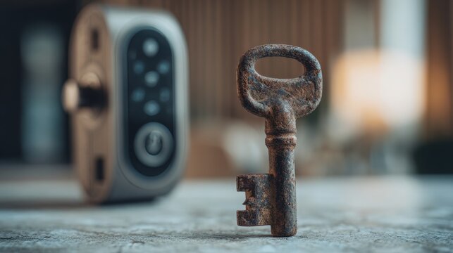 Old rusty key in sharp focus in foreground, blurred modern smart door lock in background, strong contrast, high detail, concept of obsolescence