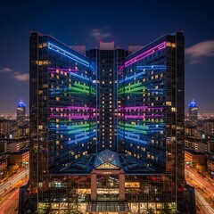 Obraz premium A large colorful building with lights on at night in a cityscape