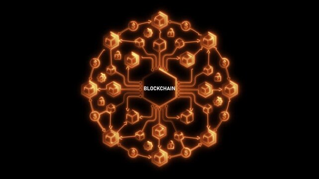 Futuristic glowing blockchain network illustration featuring interconnected digital cubes, data flow lines, and security icons arranged in a circular system. 