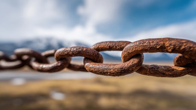 Rusty chain in sharp focus, blurred open bright landscape in background, strong contrast, concept of breaking free from the past