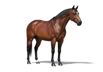 Fototapeta premium A majestic brown horse stands with its head turned to the side isolated on a white background