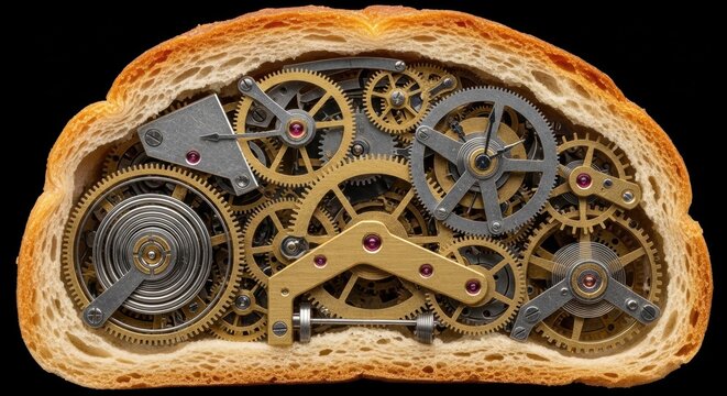 A slice of bread with intricate clockwork gears and mechanisms visible inside, set against a black background.