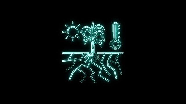 Glowing neon line drought icon with water drop animation. Environmental HD video isolated on black background.