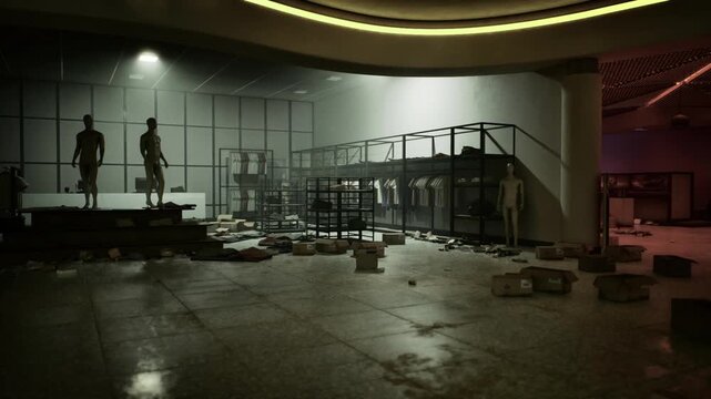 Quiet storefront at night with mannequins on platforms, empty garment rails and open cartons, security patrol concept implied, fluorescent glow and long floor