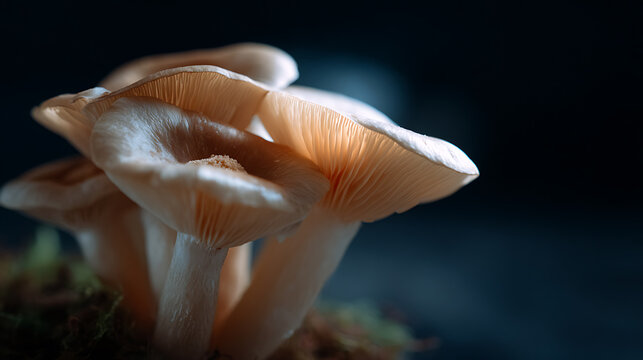 Close-up shot of a cluster of mushrooms, highlighting their delicate textures and soft glow