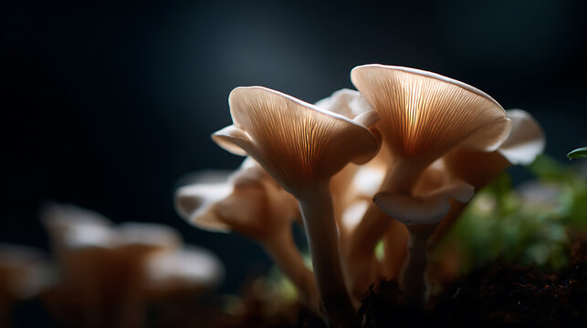 Close-up of mushrooms illuminated from below, with detailed caps and gills visible. A study of light and texture in a dark forest setting