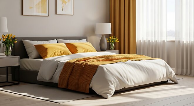 Modern bedroom interior with orange accents.