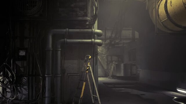 Service corridor lit for inspection, floor guide markings, hanging cables, maintenance ladder in center, subtle dust, tense industrial quiet