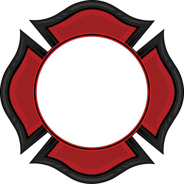 Red and black firefighter Maltese cross emblem vector with blank circular center for fire department logo and rescue service badge.