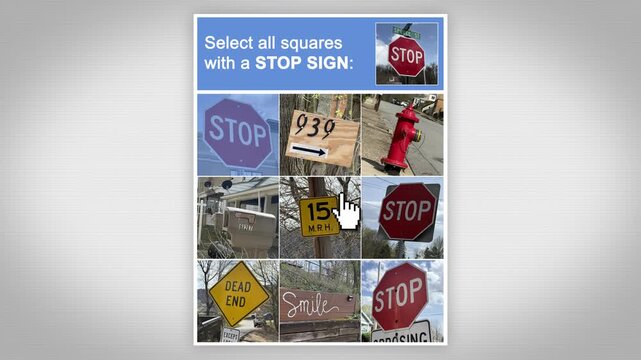Animated CAPTCHA-style screen prompting users to select all squares with a stop sign. Concept of online security, human verification, and bot prevention interface. 15109  