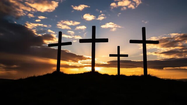 silhouettes of four wooden crosses on hill against dramatic cloudy sunset sky. christian religion, faith, resurrection concept. easter holiday celebration. greeting card, church presentation.