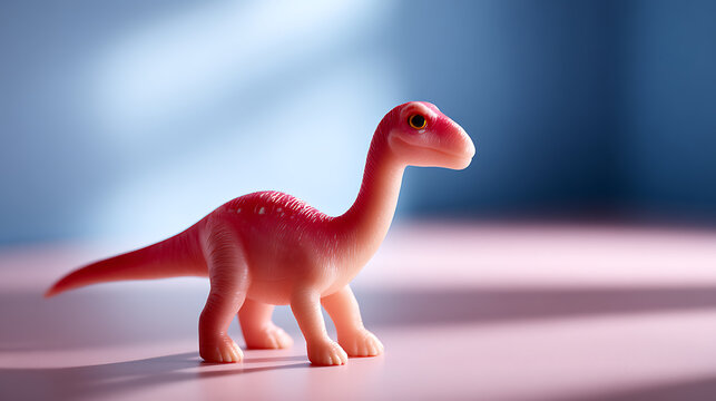 A toy dinosaur stands, its pink body illuminated, against a backdrop of soft hues