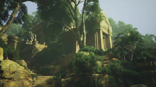 Shadowed ceremonial house steps under dusk sky, dense canopy silhouettes and cool twilight tones frame carved doorway and layered terraces, enigmatic mood