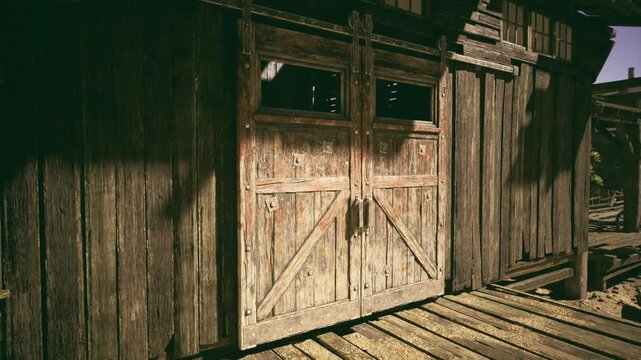 Weathered wooden door on Namib shack bathed in harsh sunlight and deep shadow, cracked planks and rusted hinges on raised boardwalk, sandblown texture