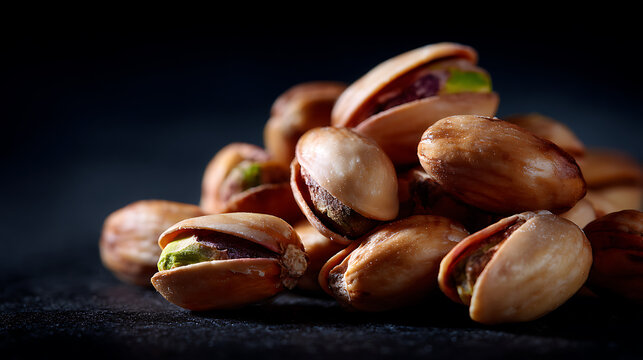 Pistachios closeup on dark background, a delicious and healthy snack. They are perfectly roasted and ready to eat