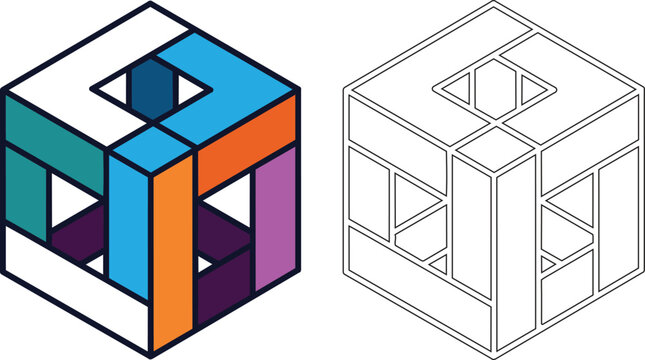 Isometric impossible cube shape, abstract geometric logo design, vector illustration