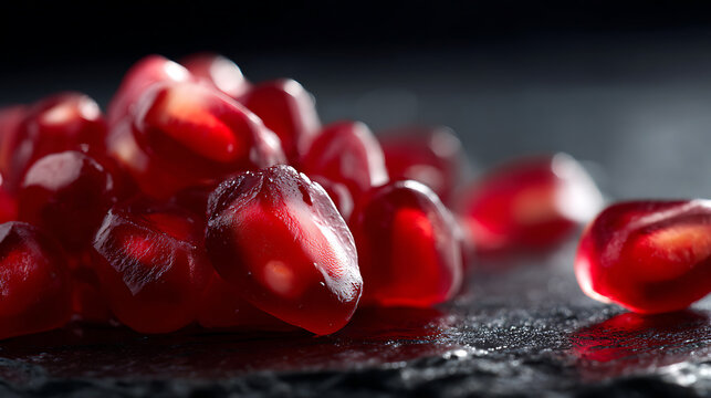 Close-up view of fresh pomegranate arils, glistening with juice